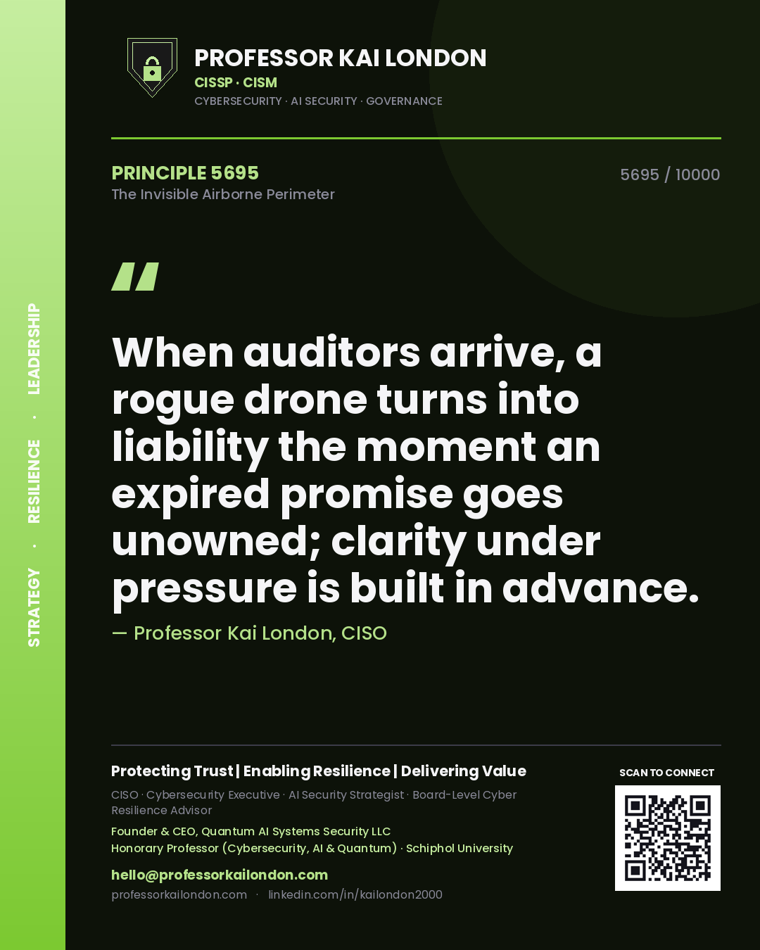 Professor Kai London principle 5695: When auditors arrive, a rogue drone turns into liability the moment an expired promise goes unowned; clarity under pressure is built in advance.
