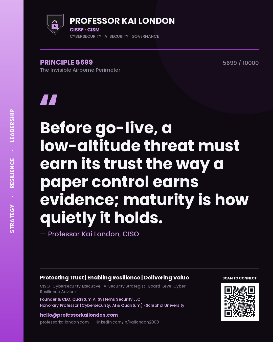 Quote card by Professor Kai London reading 'Before go-live, a low-altitude threat must earn its trust the way a paper control earns evidence; maturity is how quietly it holds.'. From the book The Invisible Airborne Perimeter.