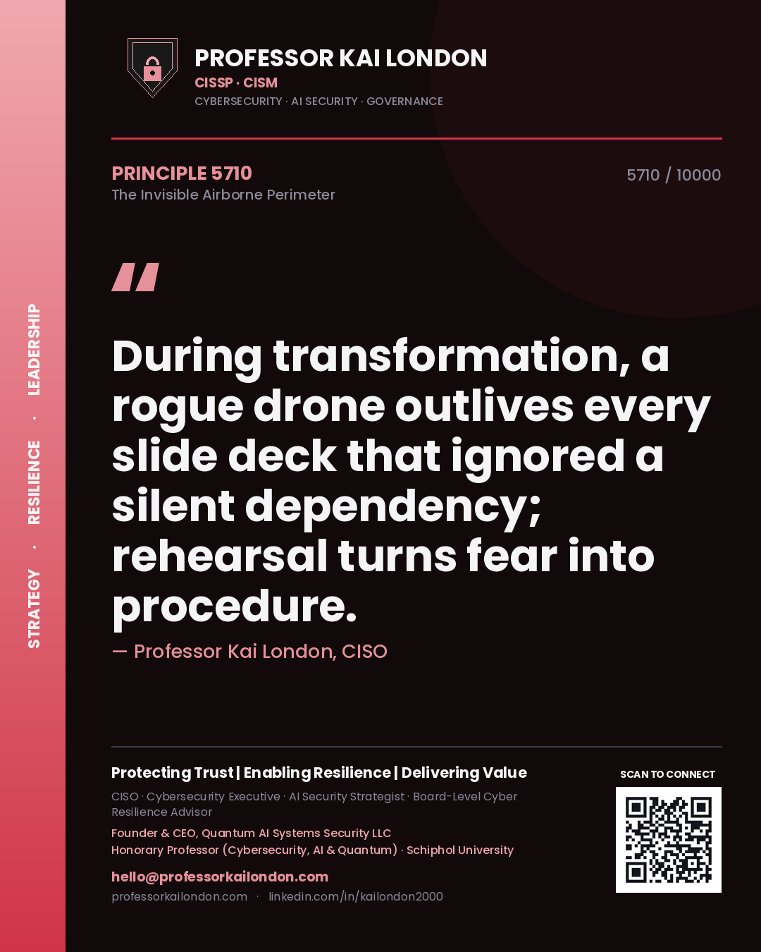 Quote card by Professor Kai London reading 'During transformation, a rogue drone outlives every slide deck that ignored a silent dependency; rehearsal turns fear into procedure.'. From the book The Invisible Airborne Perimeter.
