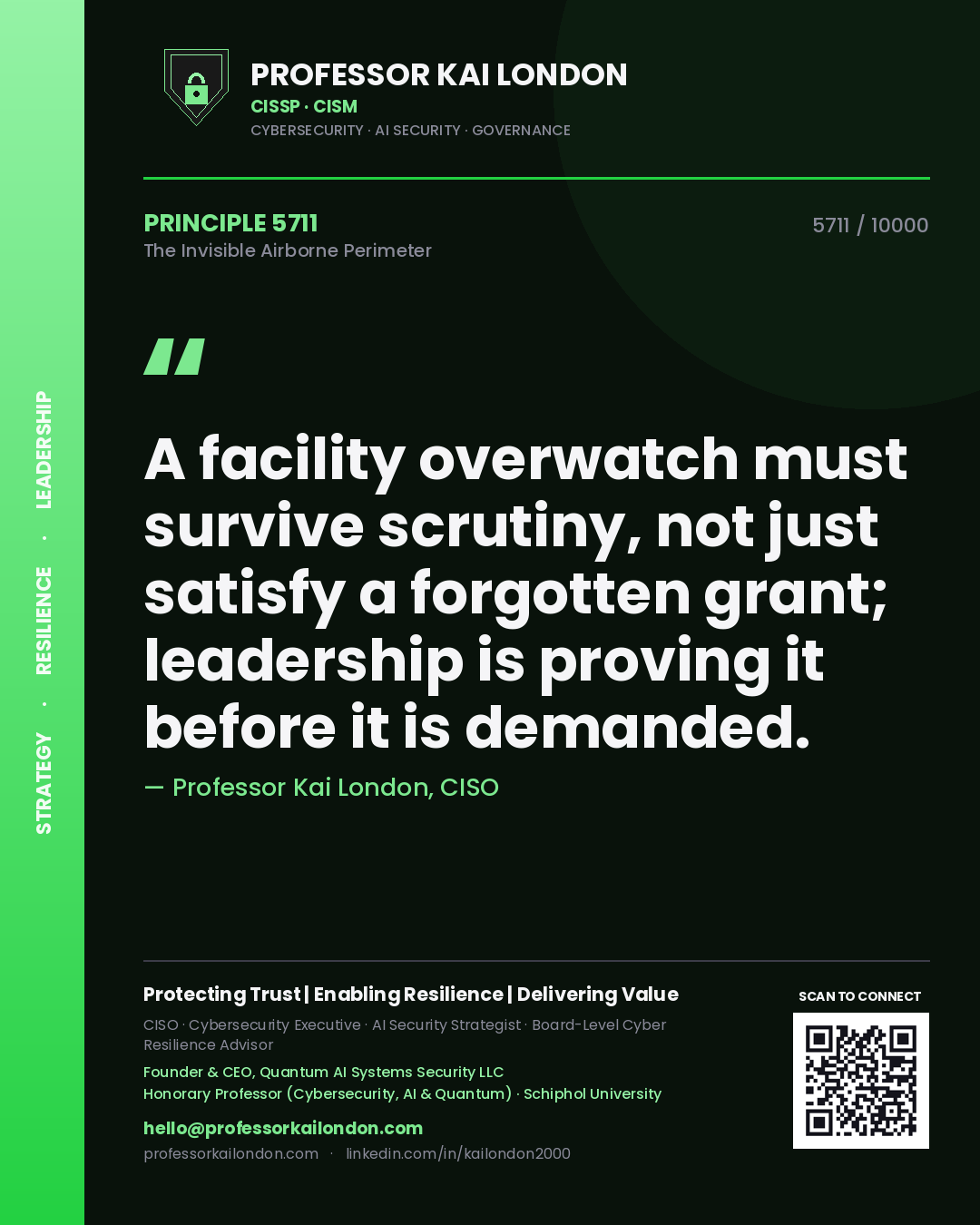 Professor Kai London principle 5711: A facility overwatch must survive scrutiny, not just satisfy a forgotten grant; leadership is proving it before it is demanded.