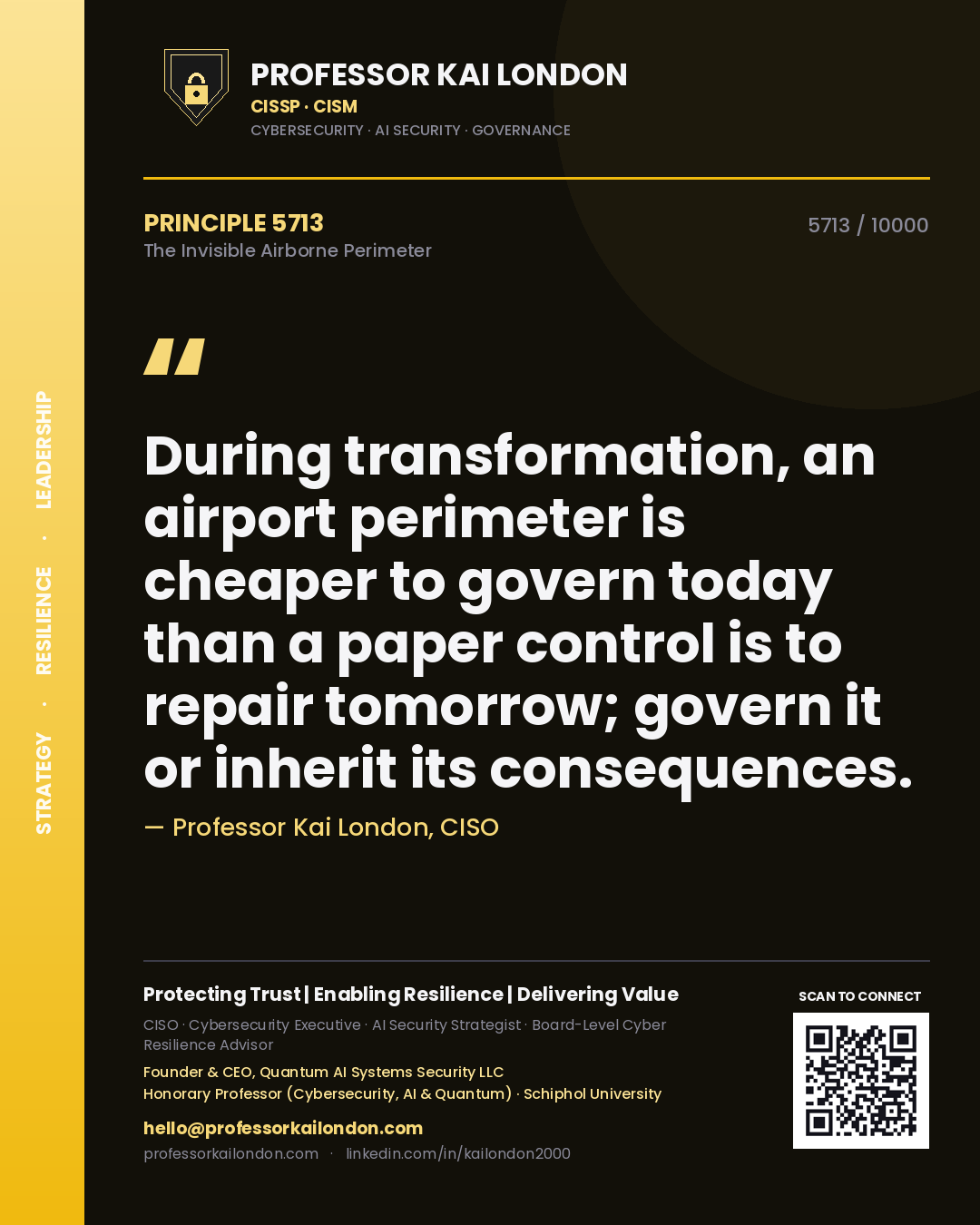 Professor Kai London principle 5713: During transformation, an airport perimeter is cheaper to govern today than a paper control is to repair tomorrow; govern it or inherit its consequences.