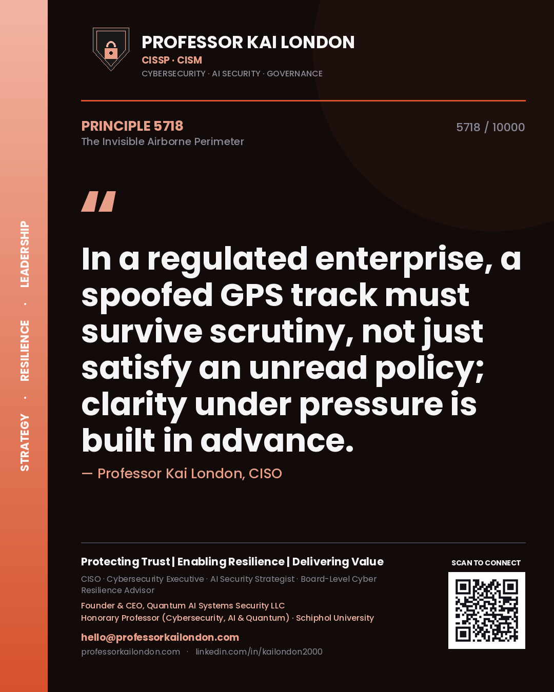 Quote card by Professor Kai London reading 'In a regulated enterprise, a spoofed GPS track must survive scrutiny, not just satisfy an unread policy; clarity under pressure is built in advance.'. From the book The Invisible Airborne Perimeter.