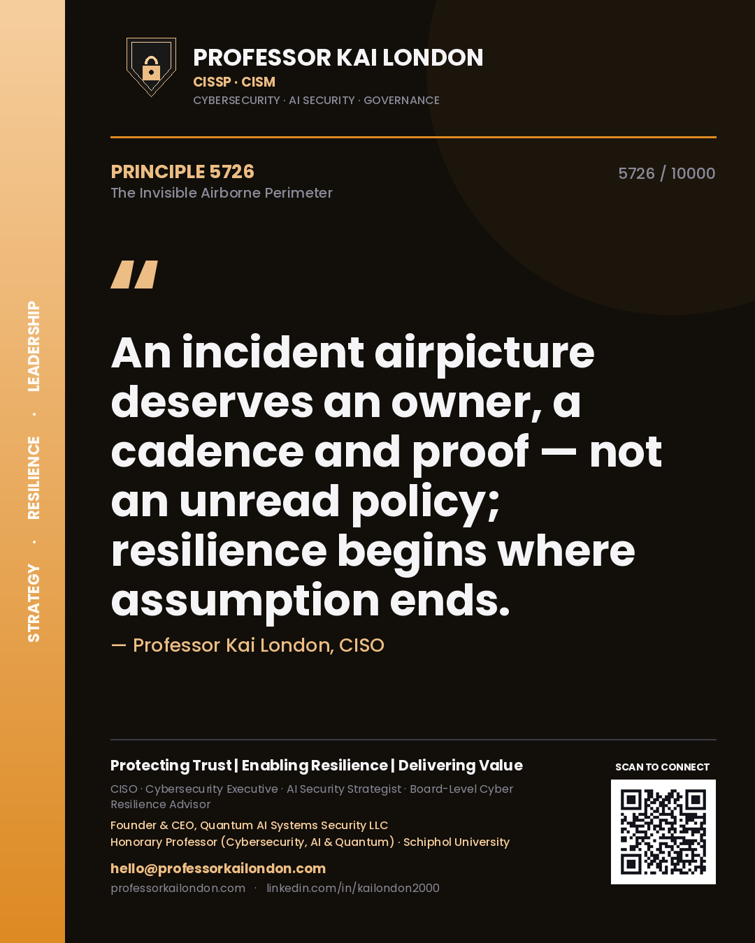 Quote card by Professor Kai London reading 'An incident airpicture deserves an owner, a cadence and proof — not an unread policy; resilience begins where assumption ends.'. From the book The Invisible Airborne Perimeter.