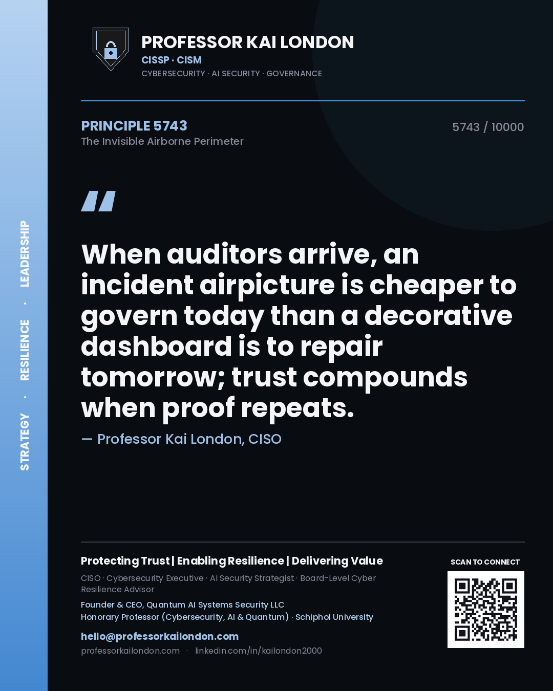 Quote card by Professor Kai London reading 'When auditors arrive, an incident airpicture is cheaper to govern today than a decorative dashboard is to repair tomorrow; trust compounds when proof repeats.'. From the book The Invisible Airborne Perimeter.