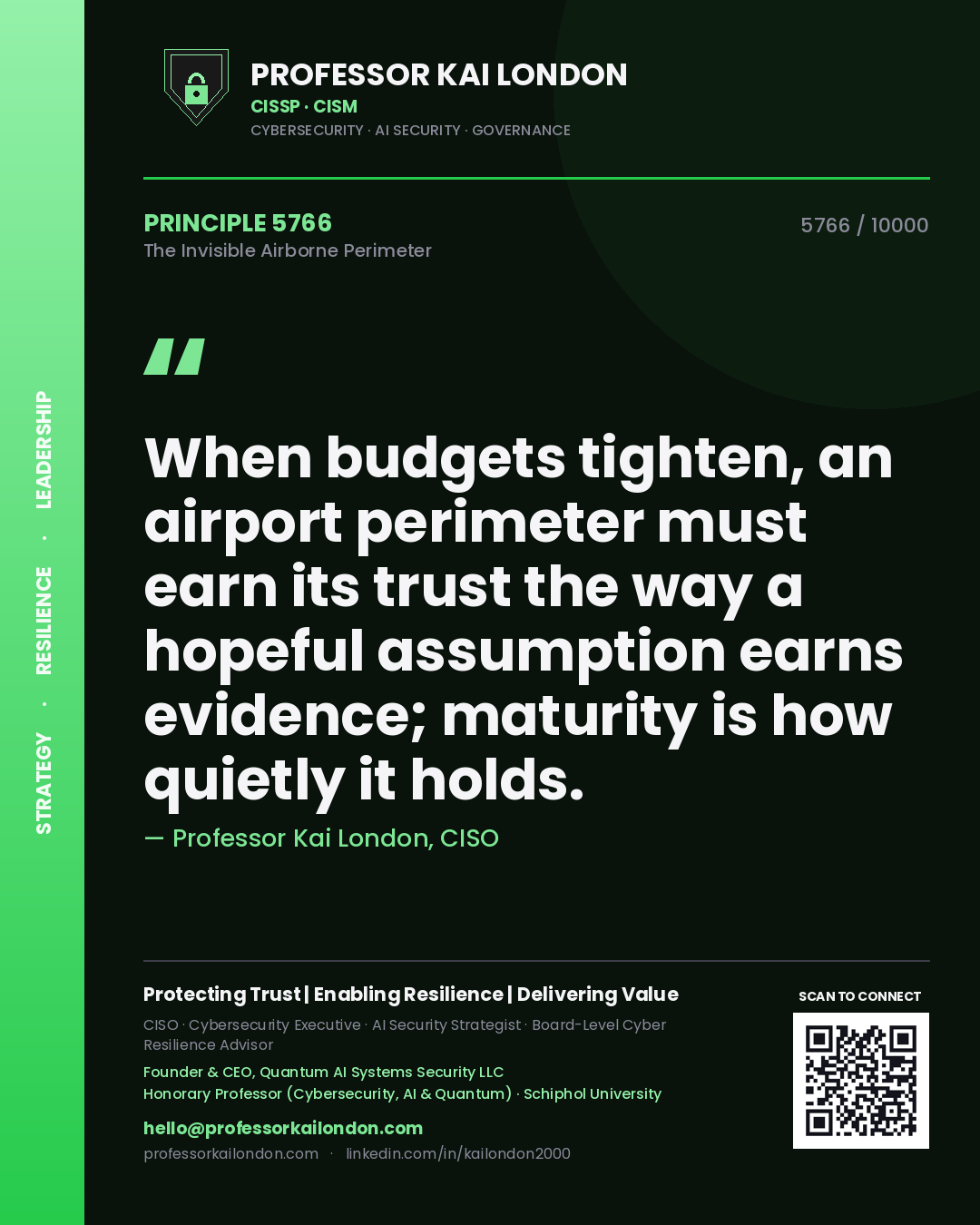 Quote card by Professor Kai London reading 'When budgets tighten, an airport perimeter must earn its trust the way a hopeful assumption earns evidence; maturity is how quietly it holds.'. From the book The Invisible Airborne Perimeter.