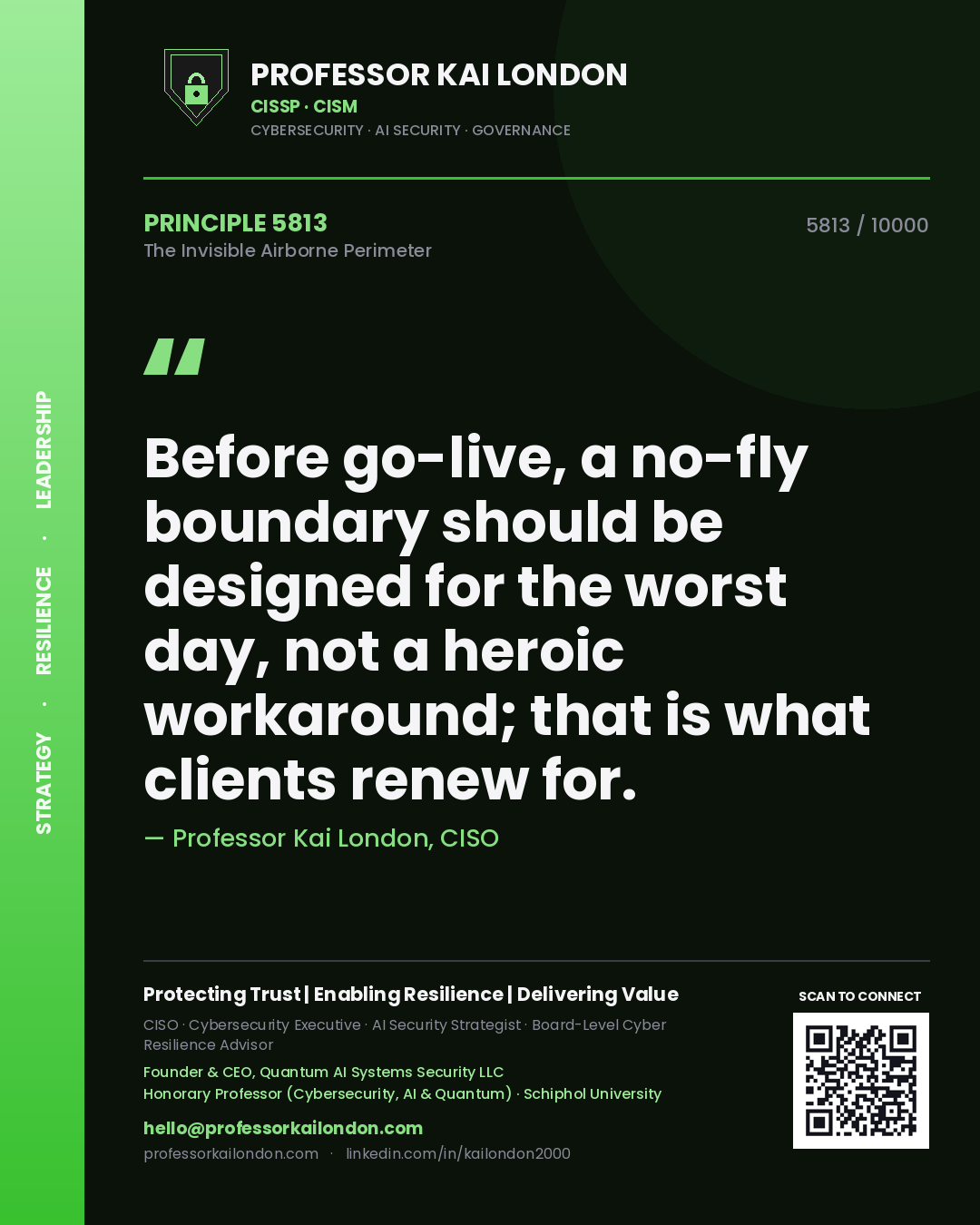 Quote card by Professor Kai London reading 'Before go-live, a no-fly boundary should be designed for the worst day, not a heroic workaround; that is what clients renew for.'. From the book The Invisible Airborne Perimeter.