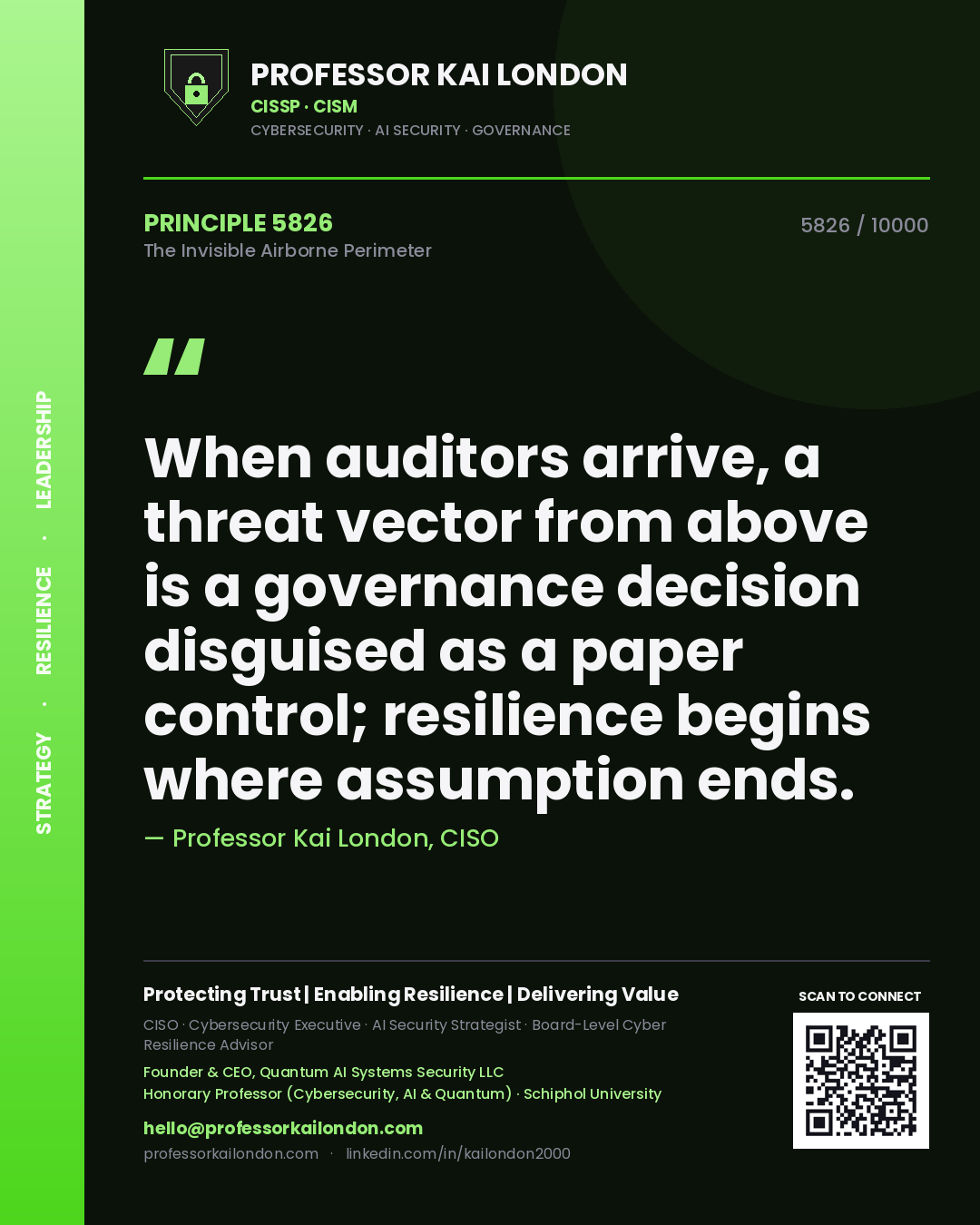 Quote card by Professor Kai London reading 'When auditors arrive, a threat vector from above is a governance decision disguised as a paper control; resilience begins where assumption ends.'. From the book The Invisible Airborne Perimeter.