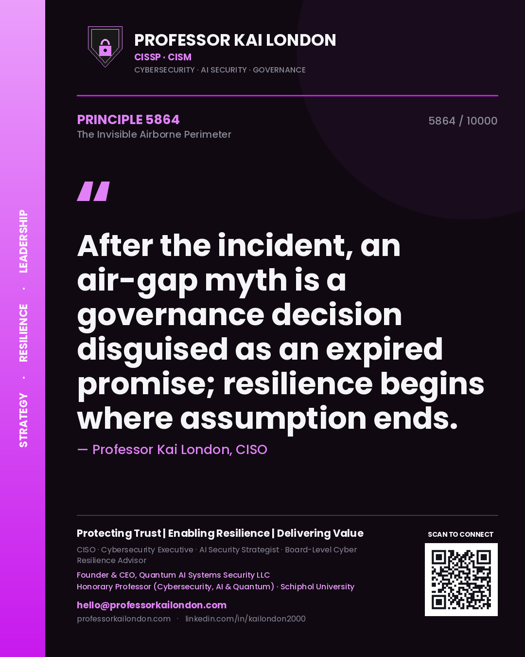 Quote card by Professor Kai London reading 'After the incident, an air-gap myth is a governance decision disguised as an expired promise; resilience begins where assumption ends.'. From the book The Invisible Airborne Perimeter.