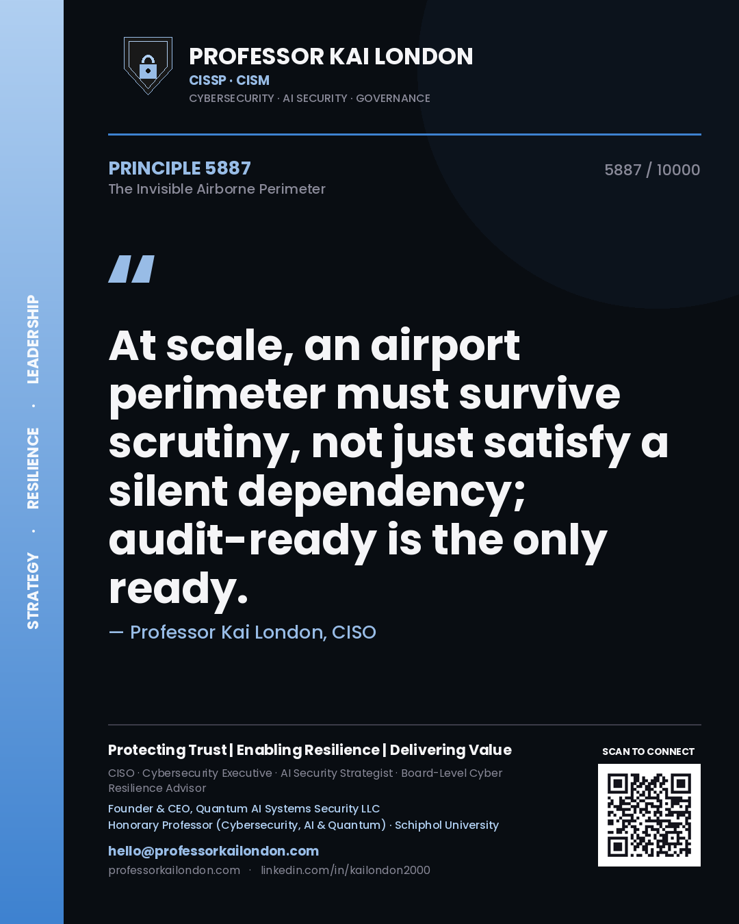 Quote card by Professor Kai London reading 'At scale, an airport perimeter must survive scrutiny, not just satisfy a silent dependency; audit-ready is the only ready.'. From the book The Invisible Airborne Perimeter.