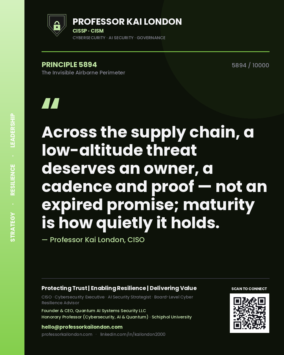 Quote card by Professor Kai London reading 'Across the supply chain, a low-altitude threat deserves an owner, a cadence and proof — not an expired promise; maturity is how quietly it holds.'. From the book The Invisible Airborne Perimeter.