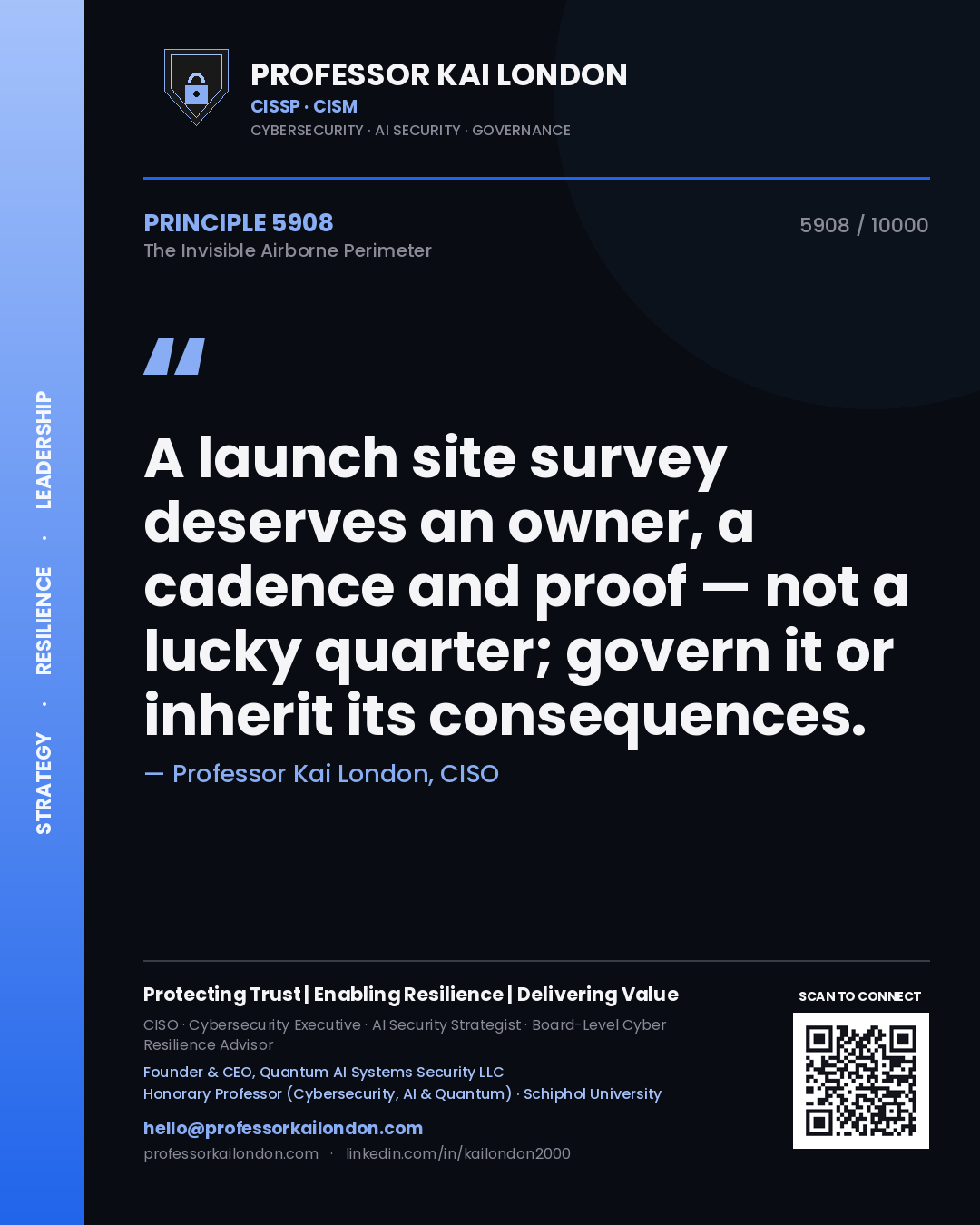 Quote card by Professor Kai London reading 'A launch site survey deserves an owner, a cadence and proof — not a lucky quarter; govern it or inherit its consequences.'. From the book The Invisible Airborne Perimeter.