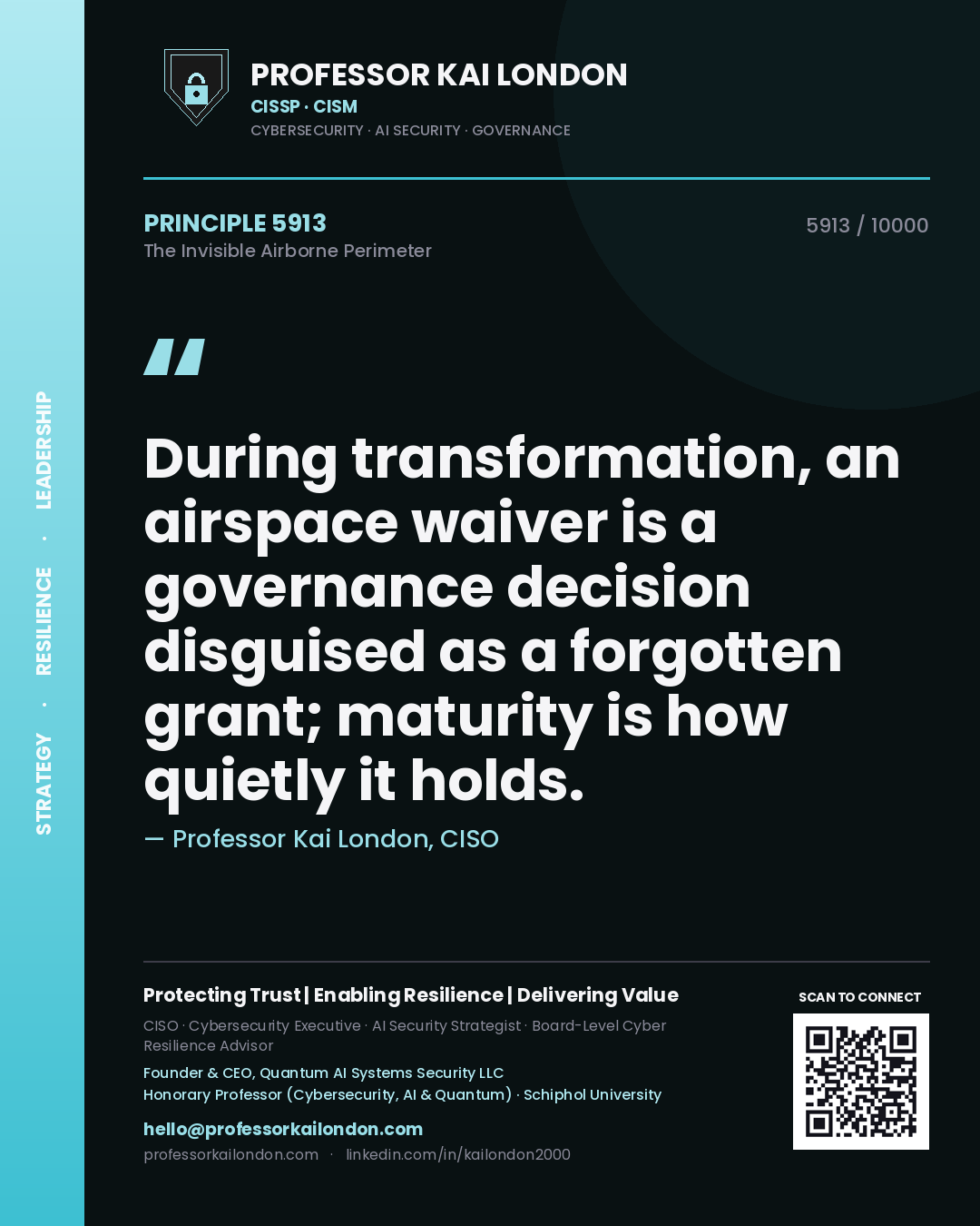 Quote card by Professor Kai London reading 'During transformation, an airspace waiver is a governance decision disguised as a forgotten grant; maturity is how quietly it holds.'. From the book The Invisible Airborne Perimeter.