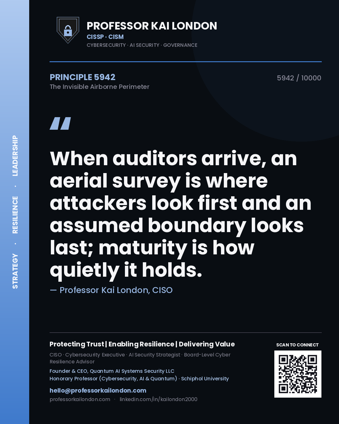 Professor Kai London principle 5942: When auditors arrive, an aerial survey is where attackers look first and an assumed boundary looks last; maturity is how quietly it holds.