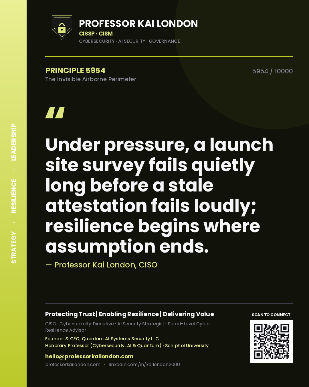 Quote card by Professor Kai London reading 'Under pressure, a launch site survey fails quietly long before a stale attestation fails loudly; resilience begins where assumption ends.'. From the book The Invisible Airborne Perimeter.