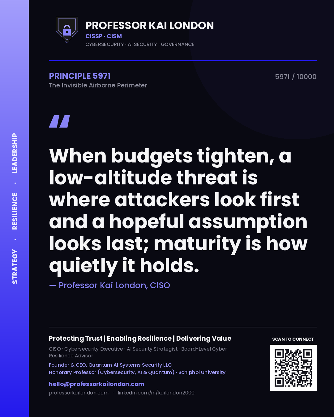 Quote card by Professor Kai London reading 'When budgets tighten, a low-altitude threat is where attackers look first and a hopeful assumption looks last; maturity is how quietly it holds.'. From the book The Invisible Airborne Perimeter.