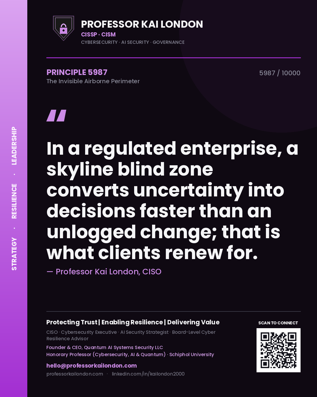 Quote card by Professor Kai London reading 'In a regulated enterprise, a skyline blind zone converts uncertainty into decisions faster than an unlogged change; that is what clients renew for.'. From the book The Invisible Airborne Perimeter.