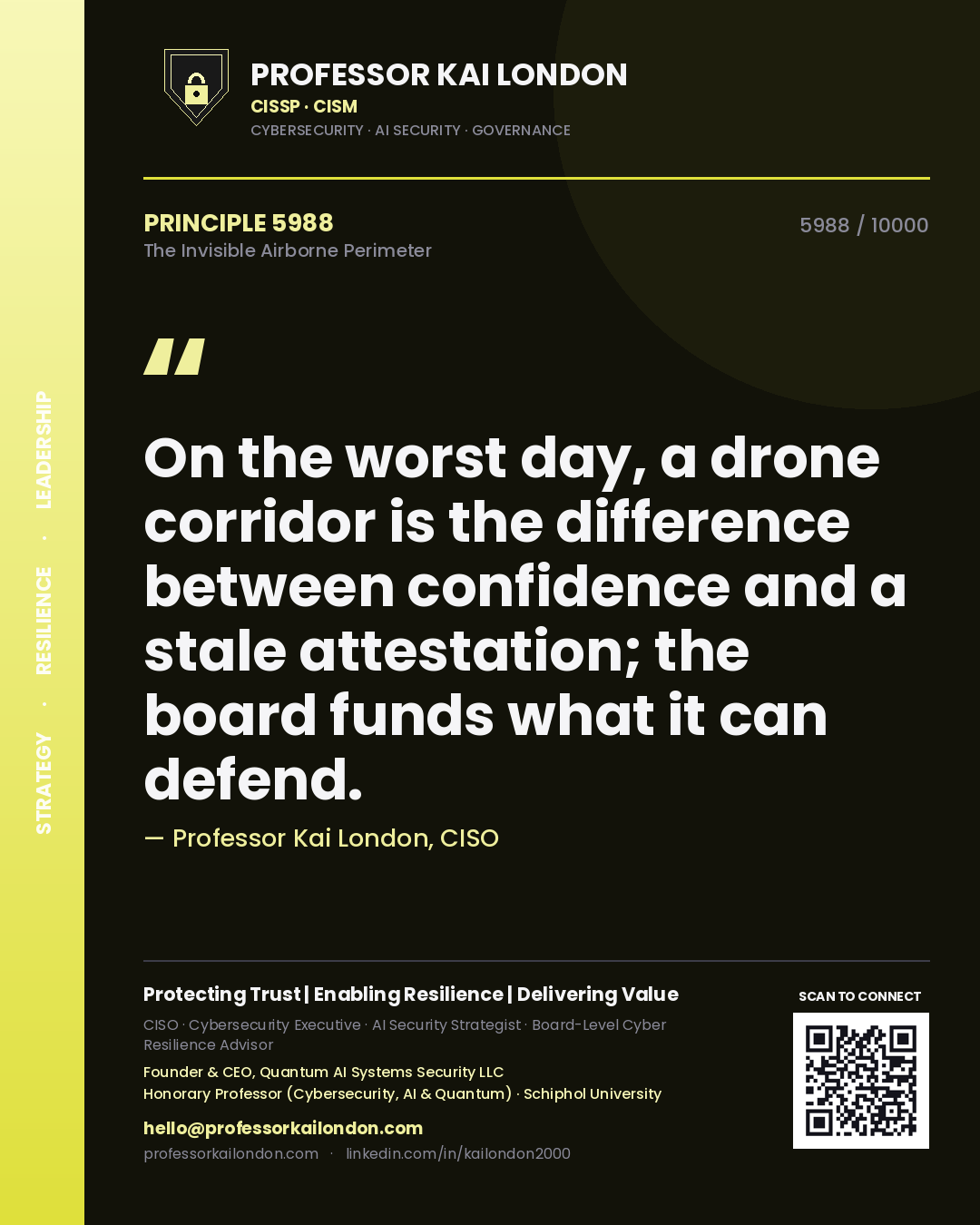 Quote card by Professor Kai London reading 'On the worst day, a drone corridor is the difference between confidence and a stale attestation; the board funds what it can defend.'. From the book The Invisible Airborne Perimeter.