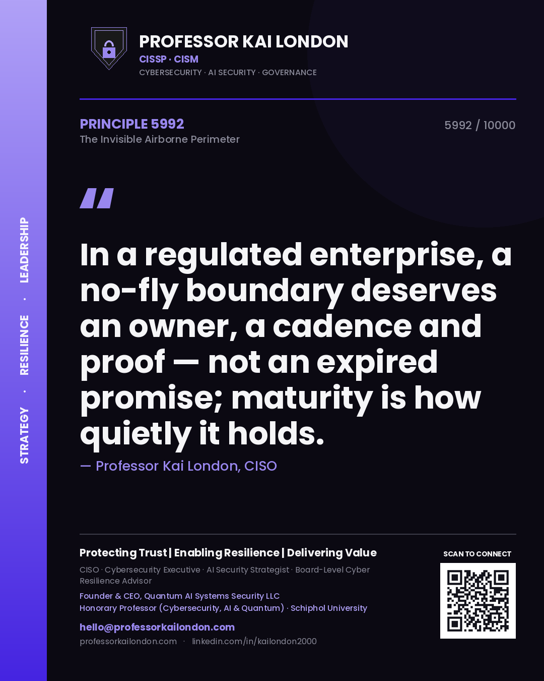 Professor Kai London principle 5992: In a regulated enterprise, a no-fly boundary deserves an owner, a cadence and proof — not an expired promise; maturity is how quietly it holds.