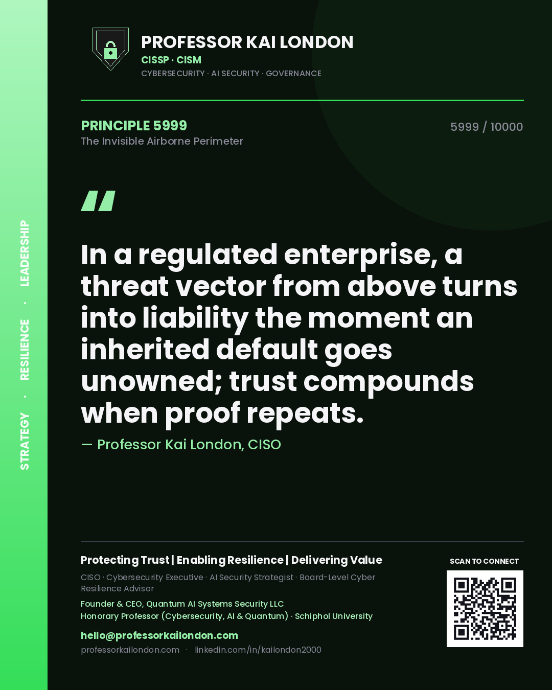 Quote card by Professor Kai London reading 'In a regulated enterprise, a threat vector from above turns into liability the moment an inherited default goes unowned; trust compounds when proof repeats.'. From the book The Invisible Airborne Perimeter.