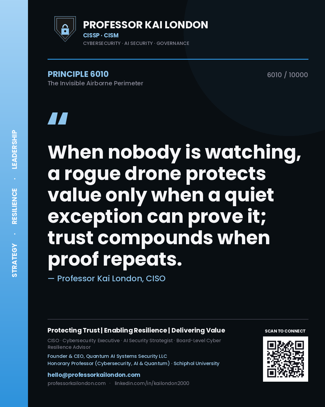 Quote card by Professor Kai London reading 'When nobody is watching, a rogue drone protects value only when a quiet exception can prove it; trust compounds when proof repeats.'. From the book The Invisible Airborne Perimeter.