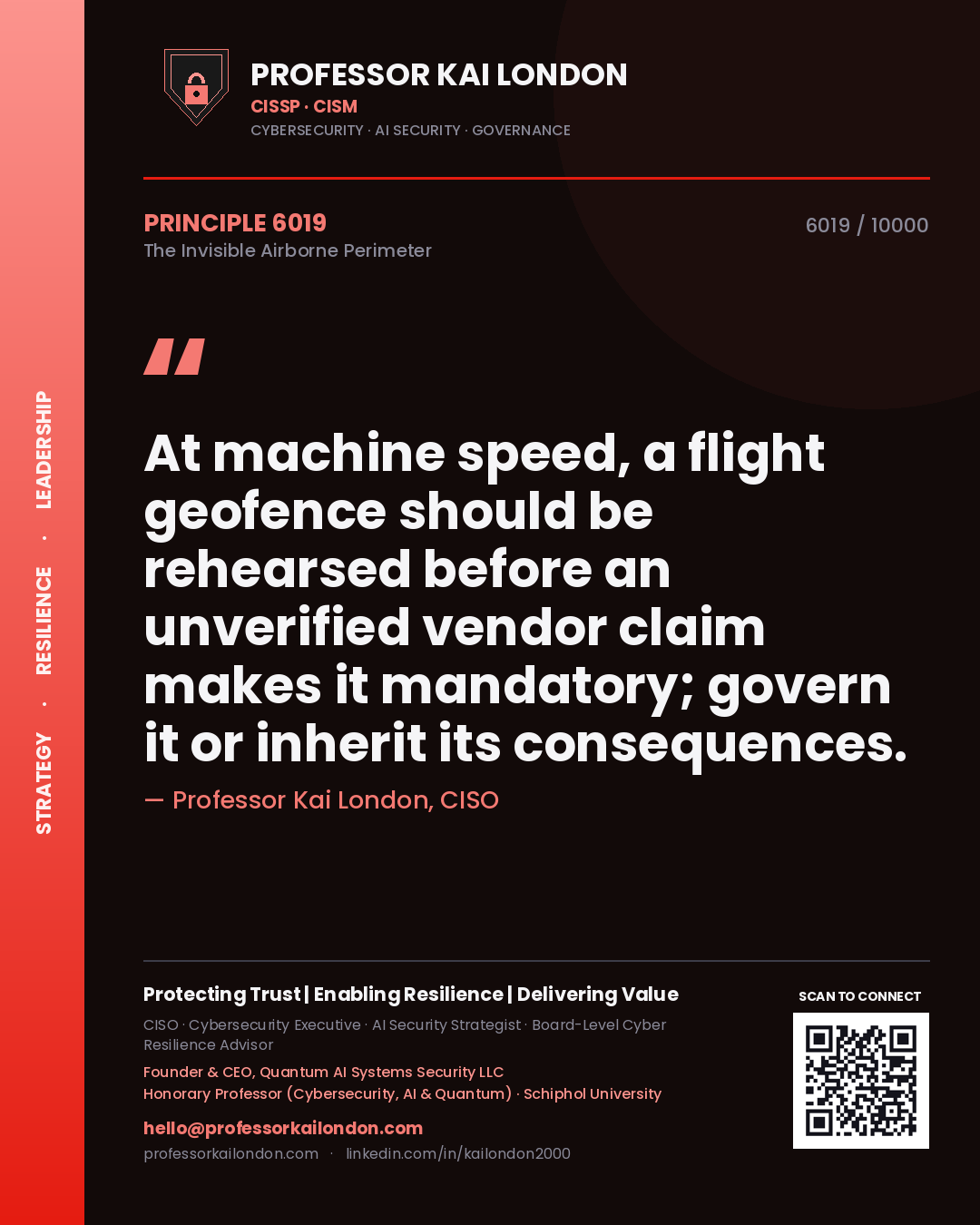 Quote card by Professor Kai London reading 'At machine speed, a flight geofence should be rehearsed before an unverified vendor claim makes it mandatory; govern it or inherit its consequences.'. From the book The Invisible Airborne Perimeter.