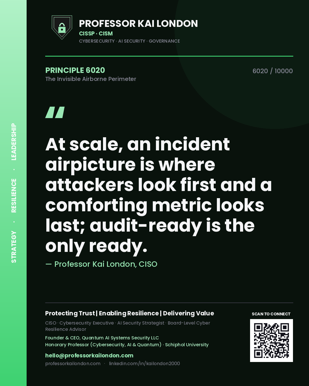 Quote card by Professor Kai London reading 'At scale, an incident airpicture is where attackers look first and a comforting metric looks last; audit-ready is the only ready.'. From the book The Invisible Airborne Perimeter.