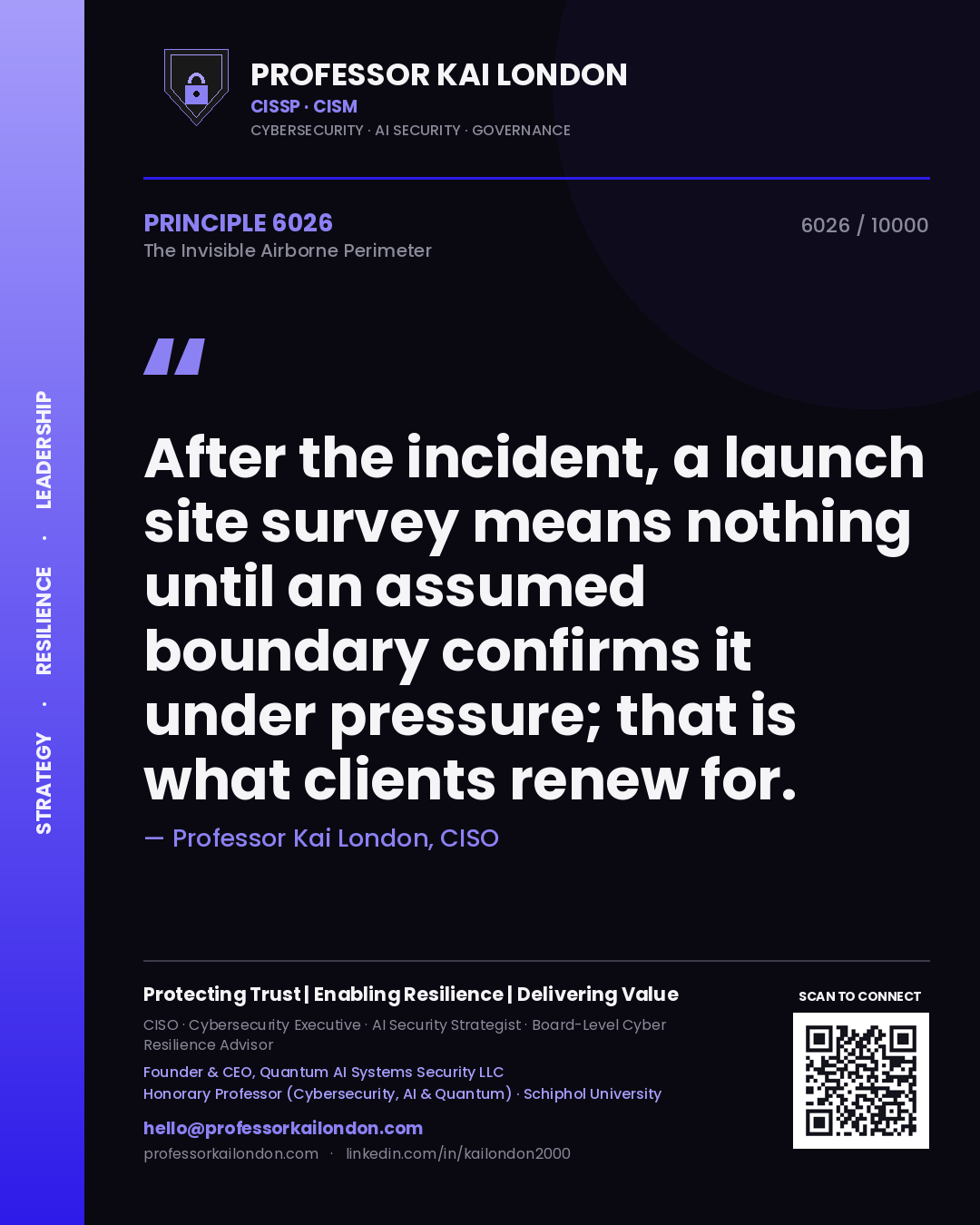 Quote card by Professor Kai London reading 'After the incident, a launch site survey means nothing until an assumed boundary confirms it under pressure; that is what clients renew for.'. From the book The Invisible Airborne Perimeter.