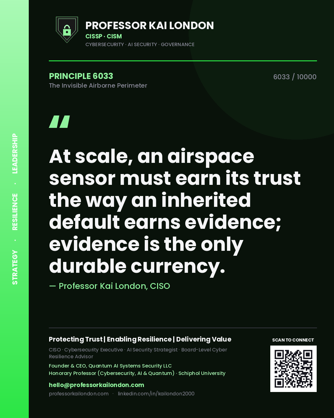 Quote card by Professor Kai London reading 'At scale, an airspace sensor must earn its trust the way an inherited default earns evidence; evidence is the only durable currency.'. From the book The Invisible Airborne Perimeter.