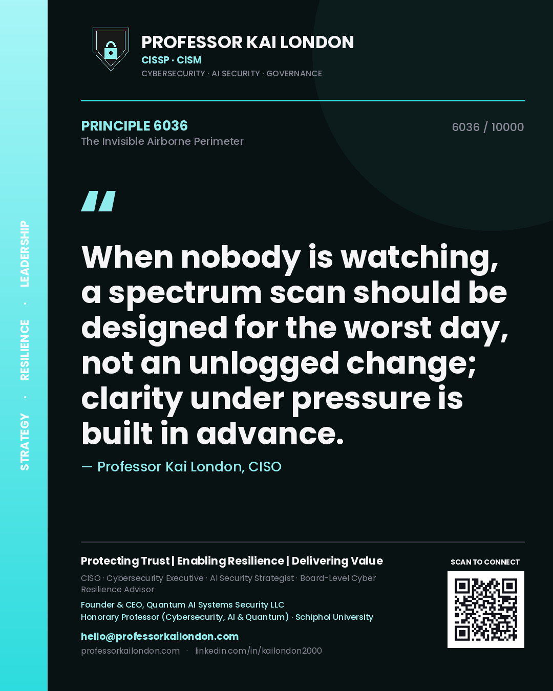 Quote card by Professor Kai London reading 'When nobody is watching, a spectrum scan should be designed for the worst day, not an unlogged change; clarity under pressure is built in advance.'. From the book The Invisible Airborne Perimeter.