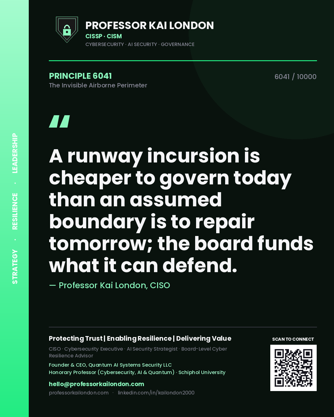 Quote card by Professor Kai London reading 'A runway incursion is cheaper to govern today than an assumed boundary is to repair tomorrow; the board funds what it can defend.'. From the book The Invisible Airborne Perimeter.