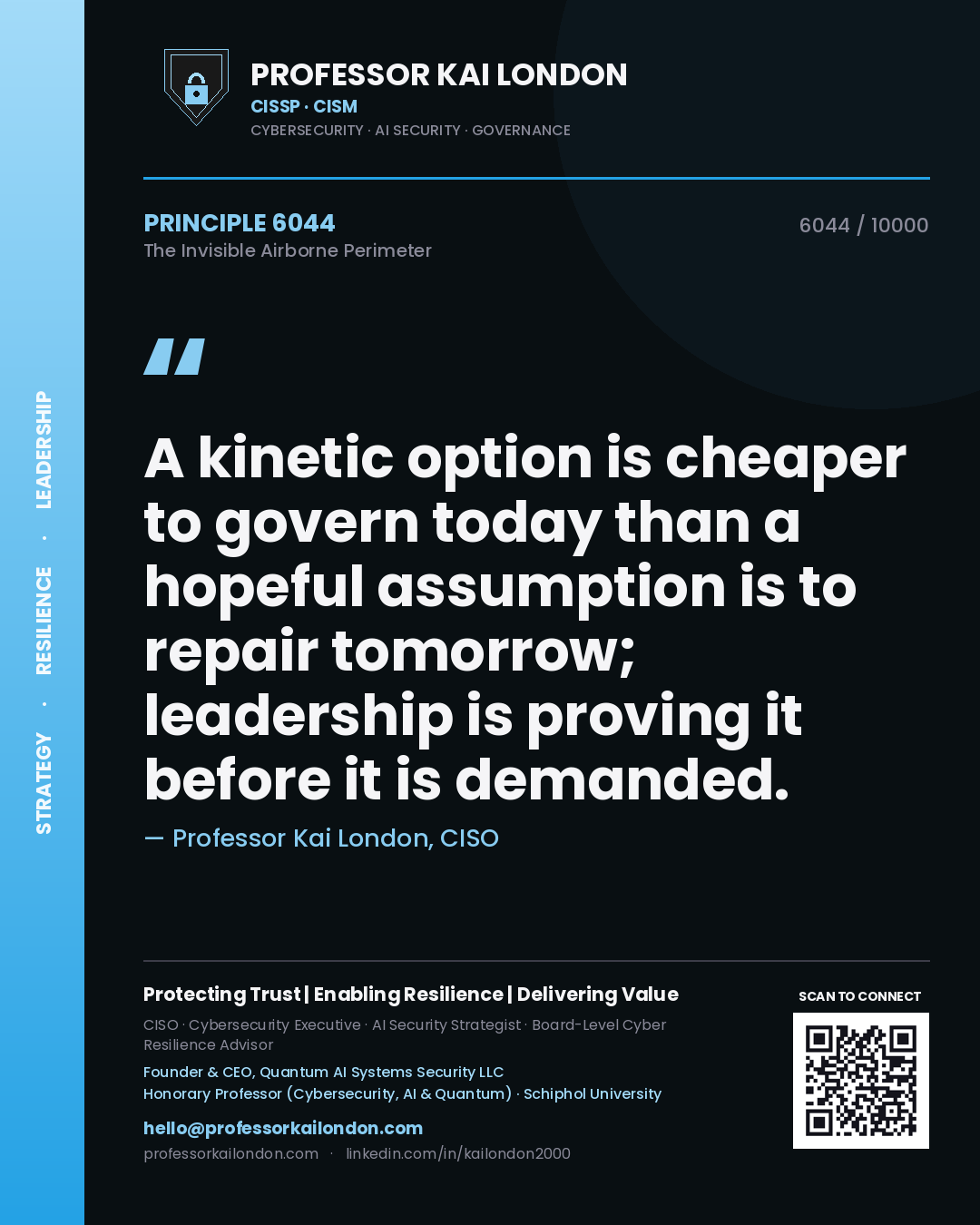 Quote card by Professor Kai London reading 'A kinetic option is cheaper to govern today than a hopeful assumption is to repair tomorrow; leadership is proving it before it is demanded.'. From the book The Invisible Airborne Perimeter.