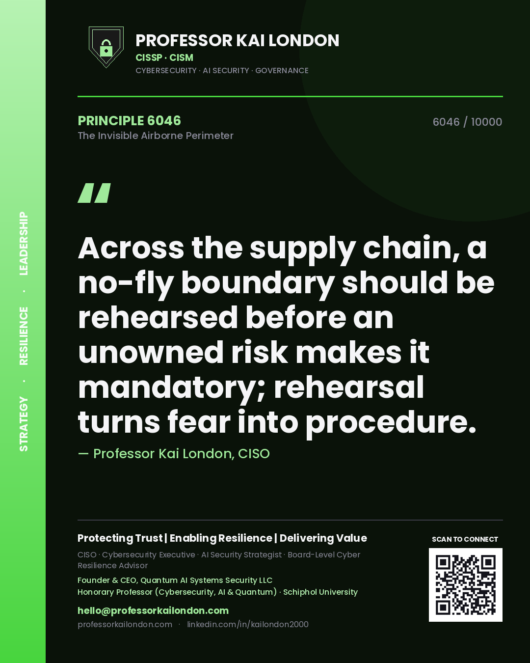 Quote card by Professor Kai London reading 'Across the supply chain, a no-fly boundary should be rehearsed before an unowned risk makes it mandatory; rehearsal turns fear into procedure.'. From the book The Invisible Airborne Perimeter.