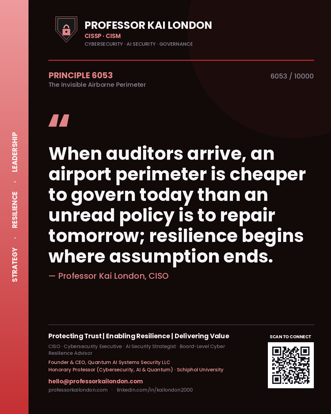 Quote card by Professor Kai London reading 'When auditors arrive, an airport perimeter is cheaper to govern today than an unread policy is to repair tomorrow; resilience begins where assumption ends.'. From the book The Invisible Airborne Perimeter.