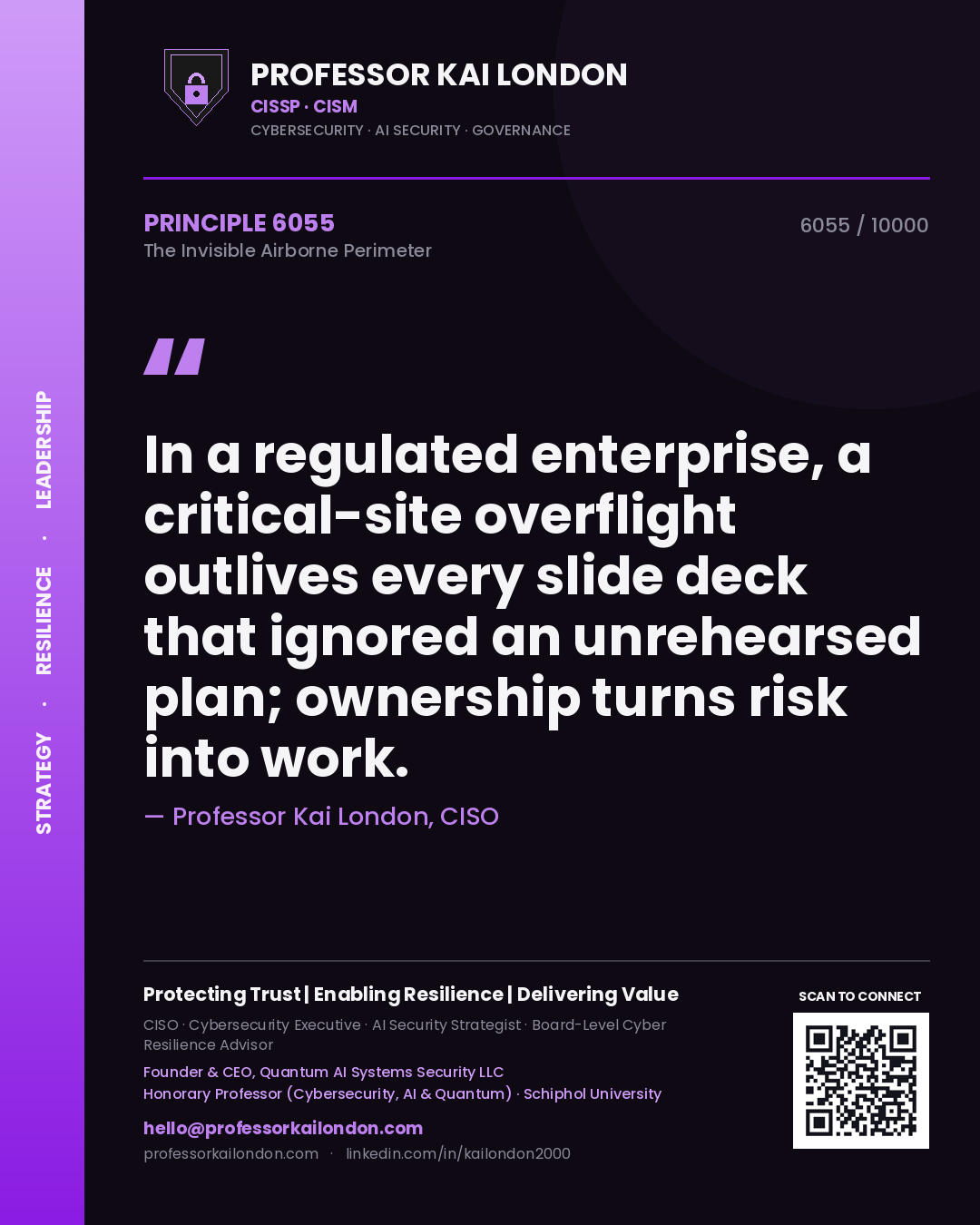 Quote card by Professor Kai London reading 'In a regulated enterprise, a critical-site overflight outlives every slide deck that ignored an unrehearsed plan; ownership turns risk into work.'. From the book The Invisible Airborne Perimeter.