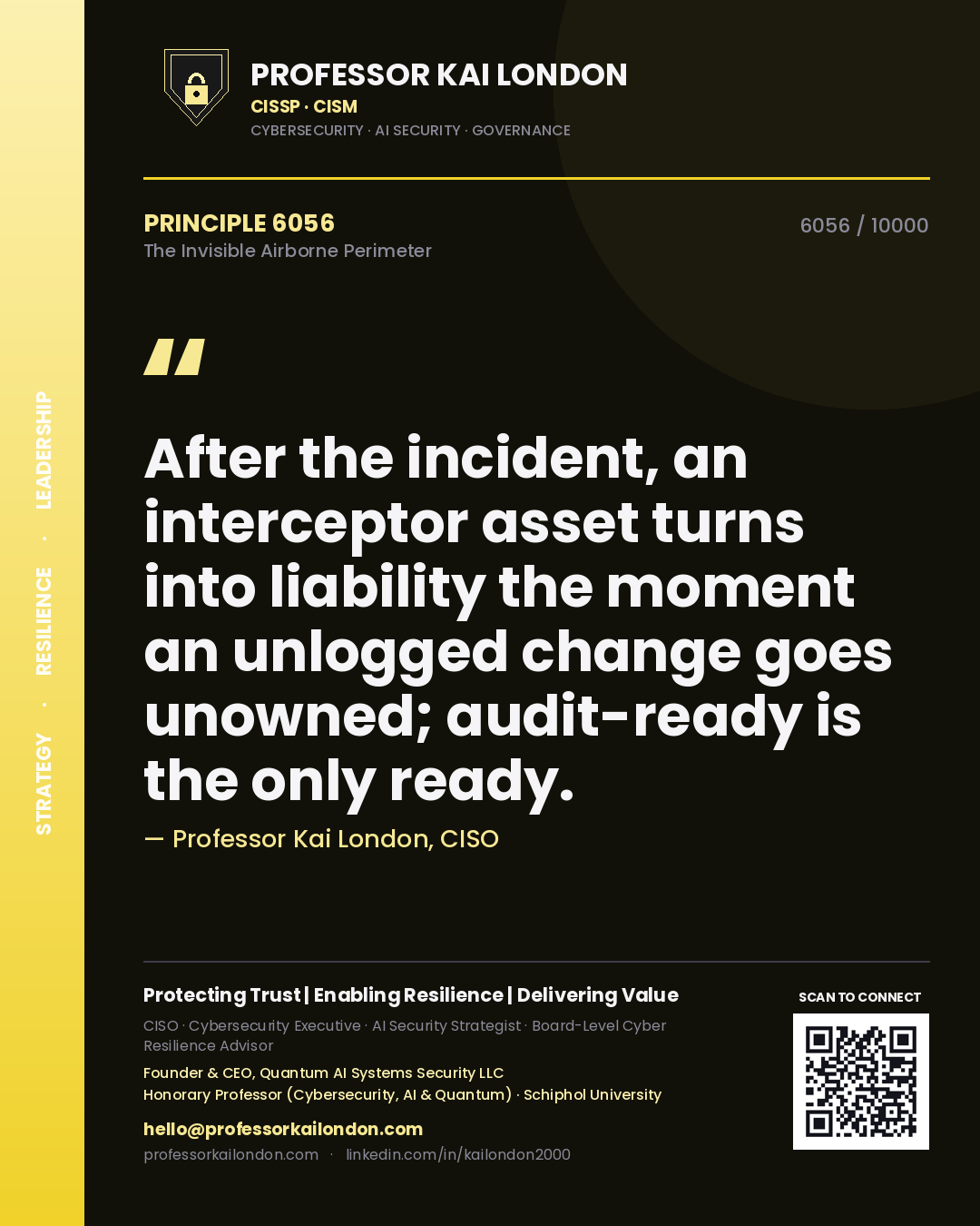 Quote card by Professor Kai London reading 'After the incident, an interceptor asset turns into liability the moment an unlogged change goes unowned; audit-ready is the only ready.'. From the book The Invisible Airborne Perimeter.