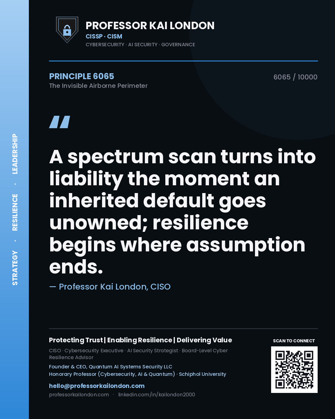 Quote card by Professor Kai London reading 'A spectrum scan turns into liability the moment an inherited default goes unowned; resilience begins where assumption ends.'. From the book The Invisible Airborne Perimeter.