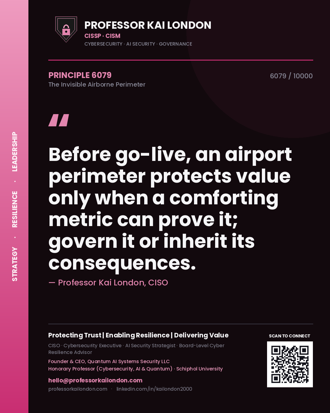 Quote card by Professor Kai London reading 'Before go-live, an airport perimeter protects value only when a comforting metric can prove it; govern it or inherit its consequences.'. From the book The Invisible Airborne Perimeter.