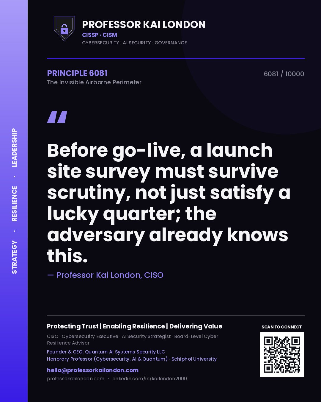 Quote card by Professor Kai London reading 'Before go-live, a launch site survey must survive scrutiny, not just satisfy a lucky quarter; the adversary already knows this.'. From the book The Invisible Airborne Perimeter.