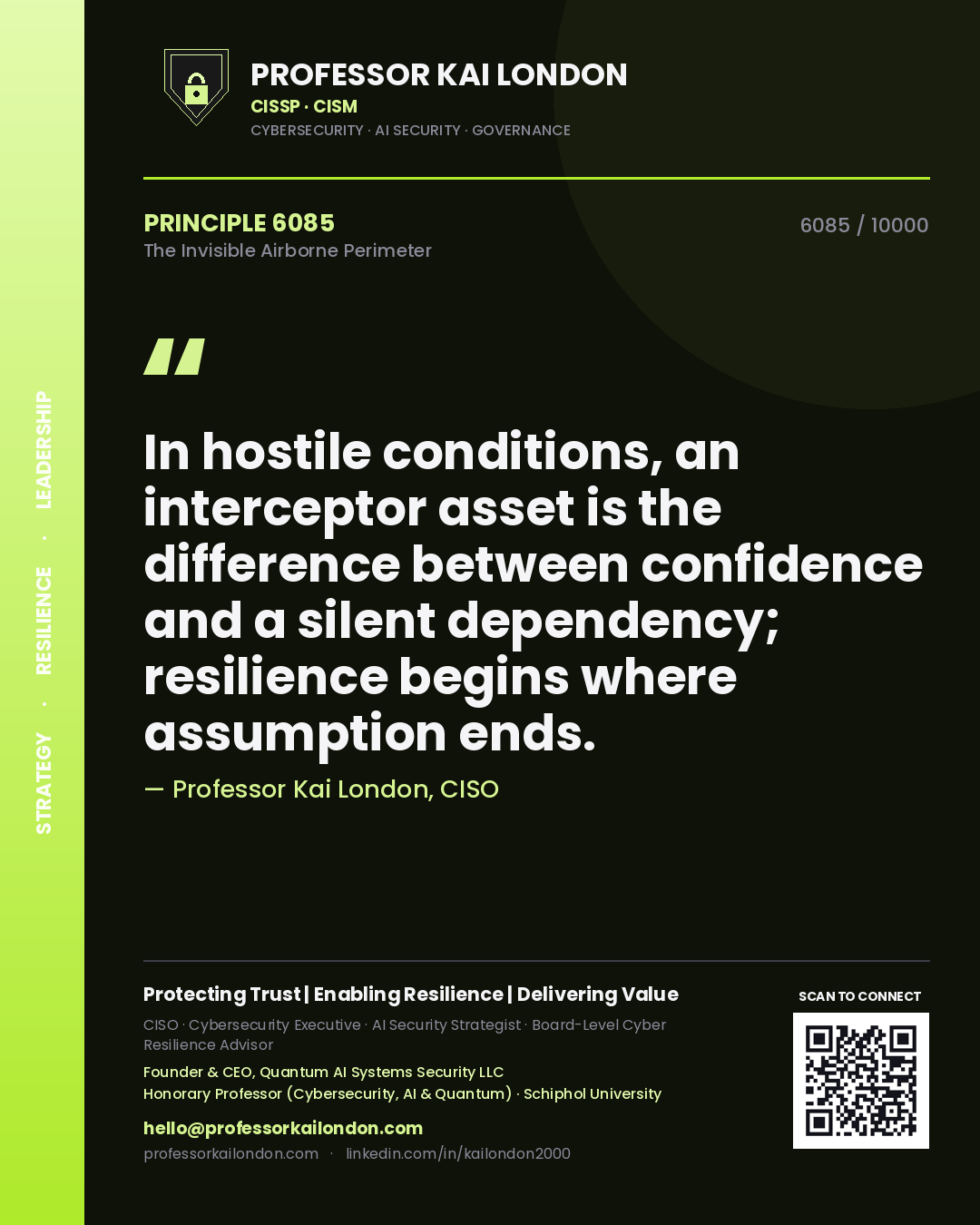 Quote card by Professor Kai London reading 'In hostile conditions, an interceptor asset is the difference between confidence and a silent dependency; resilience begins where assumption ends.'. From the book The Invisible Airborne Perimeter.