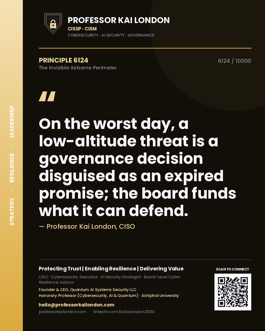 Quote card by Professor Kai London reading 'On the worst day, a low-altitude threat is a governance decision disguised as an expired promise; the board funds what it can defend.'. From the book The Invisible Airborne Perimeter.