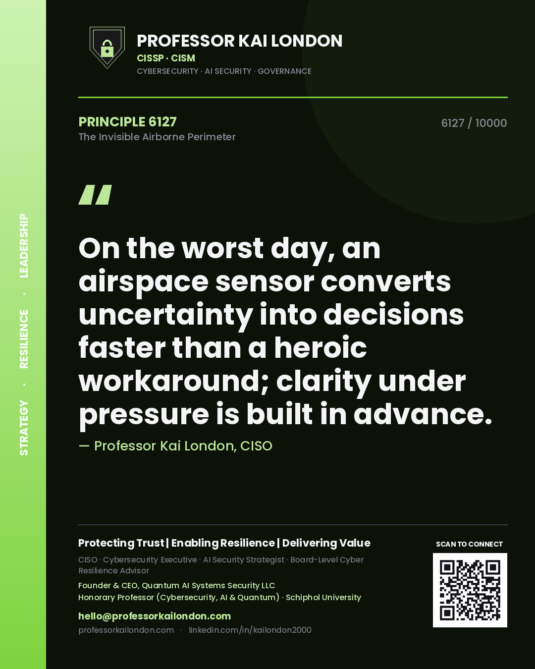 Quote card by Professor Kai London reading 'On the worst day, an airspace sensor converts uncertainty into decisions faster than a heroic workaround; clarity under pressure is built in advance.'. From the book The Invisible Airborne Perimeter.