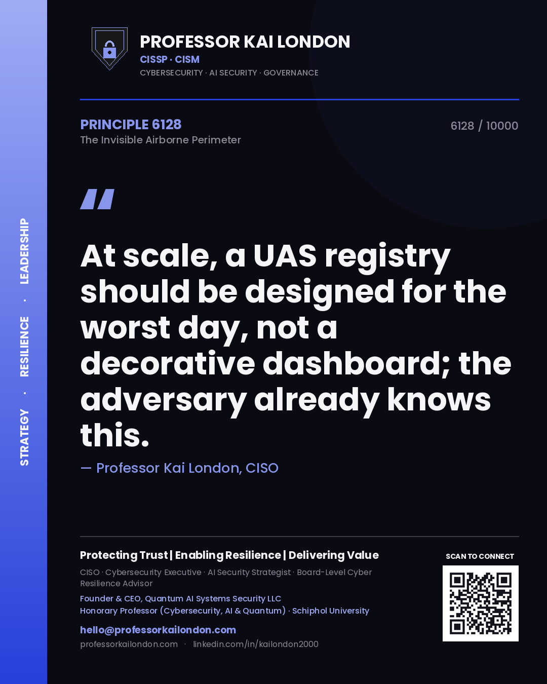 Quote card by Professor Kai London reading 'At scale, a UAS registry should be designed for the worst day, not a decorative dashboard; the adversary already knows this.'. From the book The Invisible Airborne Perimeter.