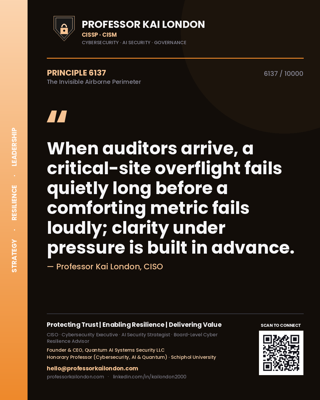 Professor Kai London principle 6137: When auditors arrive, a critical-site overflight fails quietly long before a comforting metric fails loudly; clarity under pressure is built in advance.