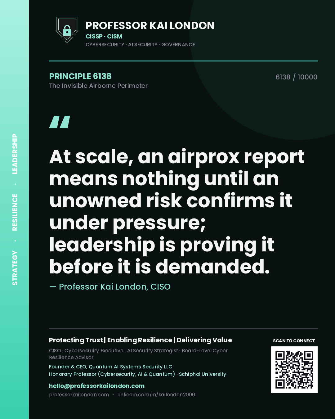 Quote card by Professor Kai London reading 'At scale, an airprox report means nothing until an unowned risk confirms it under pressure; leadership is proving it before it is demanded.'. From the book The Invisible Airborne Perimeter.