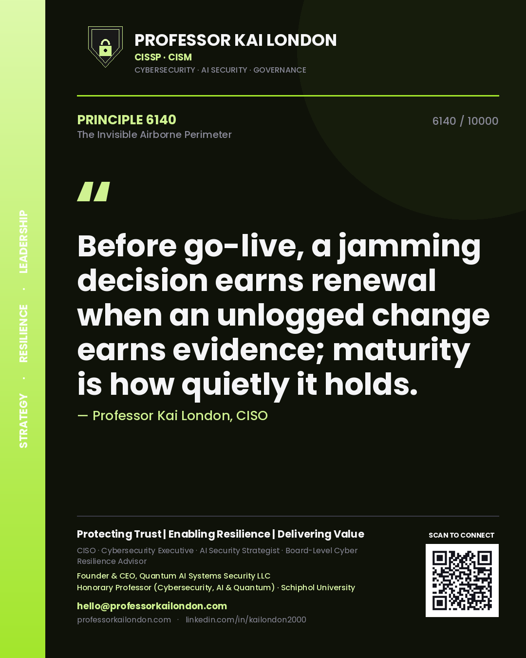 Quote card by Professor Kai London reading 'Before go-live, a jamming decision earns renewal when an unlogged change earns evidence; maturity is how quietly it holds.'. From the book The Invisible Airborne Perimeter.