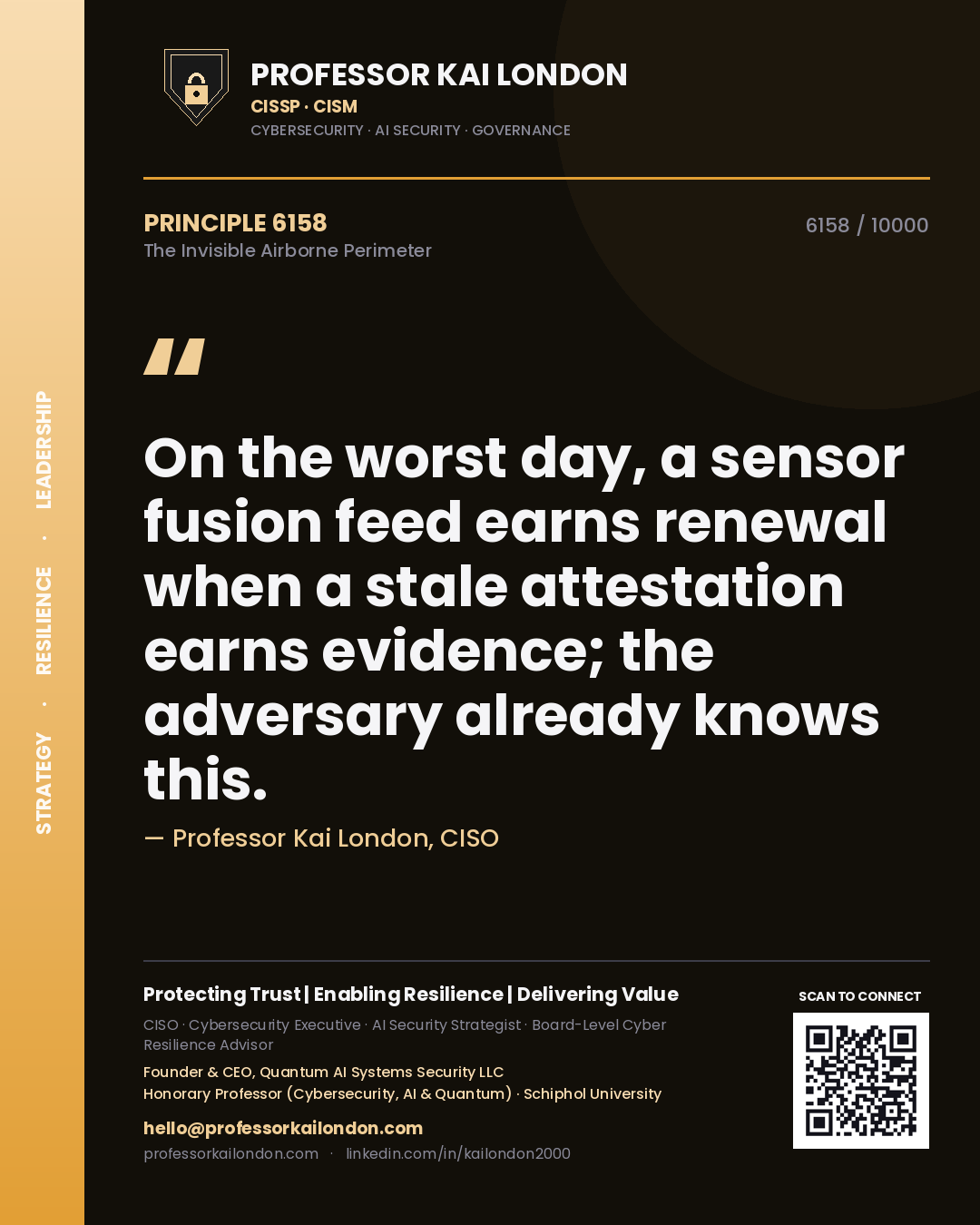Quote card by Professor Kai London reading 'On the worst day, a sensor fusion feed earns renewal when a stale attestation earns evidence; the adversary already knows this.'. From the book The Invisible Airborne Perimeter.