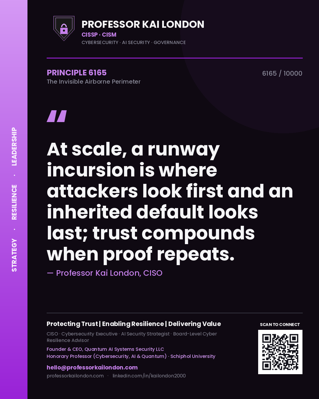 Quote card by Professor Kai London reading 'At scale, a runway incursion is where attackers look first and an inherited default looks last; trust compounds when proof repeats.'. From the book The Invisible Airborne Perimeter.