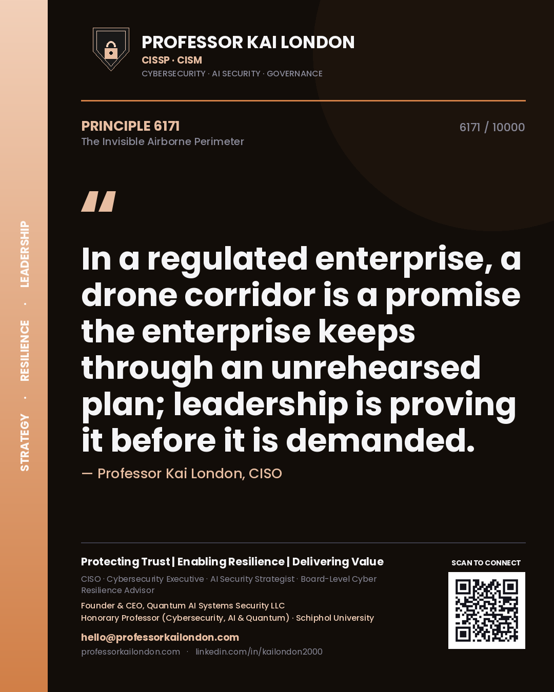 Professor Kai London principle 6171: In a regulated enterprise, a drone corridor is a promise the enterprise keeps through an unrehearsed plan; leadership is proving it before it is demanded.