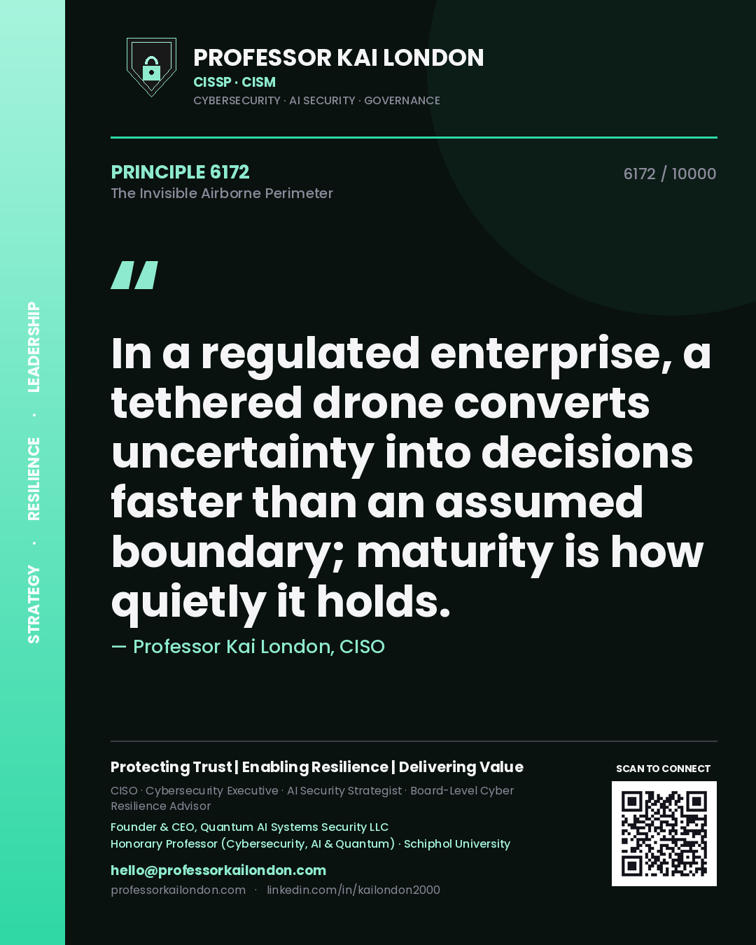 Quote card by Professor Kai London reading 'In a regulated enterprise, a tethered drone converts uncertainty into decisions faster than an assumed boundary; maturity is how quietly it holds.'. From the book The Invisible Airborne Perimeter.