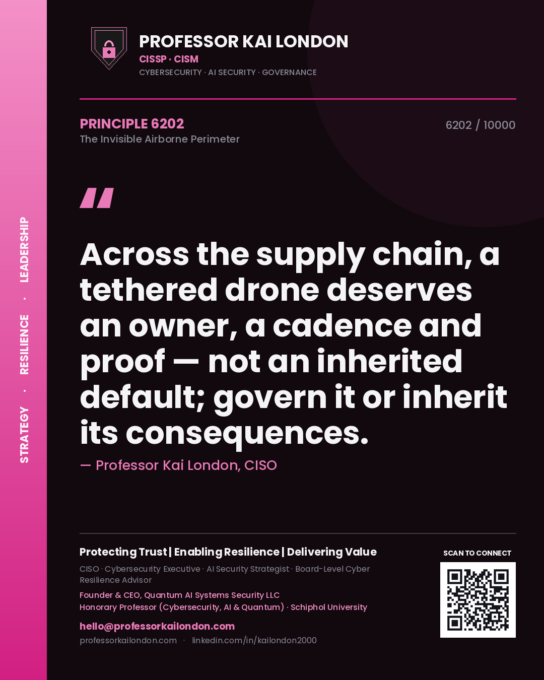 Quote card by Professor Kai London reading 'Across the supply chain, a tethered drone deserves an owner, a cadence and proof — not an inherited default; govern it or inherit its consequences.'. From the book The Invisible Airborne Perimeter.